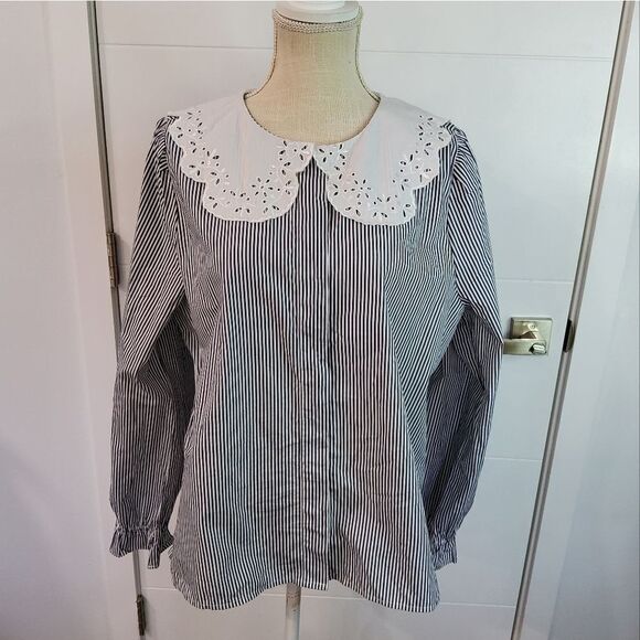 J.Crew Lace-Eyelet Collar Poplin Blouse Size L - Picture 2 of 12
